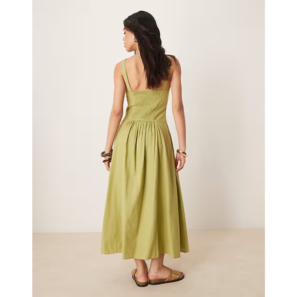 Midi Dress Smocked Back Square Neck Dropped Waist - Picture 1 of 4